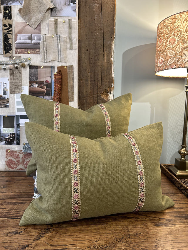 Tela Linen Cushion w Embroidered Rose Trim FABRIC HOUSE