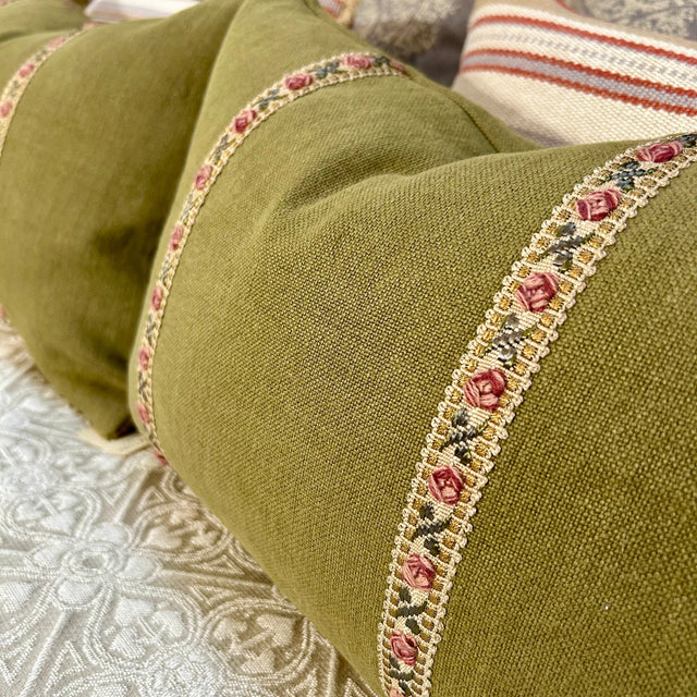Tela Linen Cushion w Embroidered Rose Trim FABRIC HOUSE