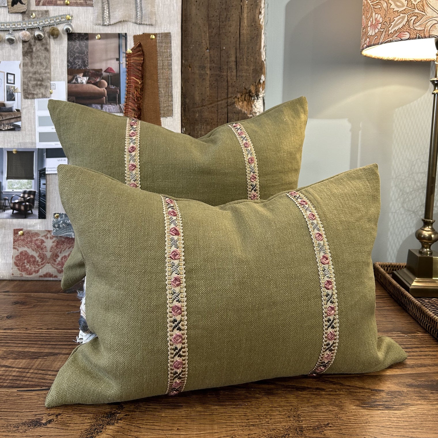 Tela Linen Cushion w Embroidered Rose Trim FABRIC HOUSE